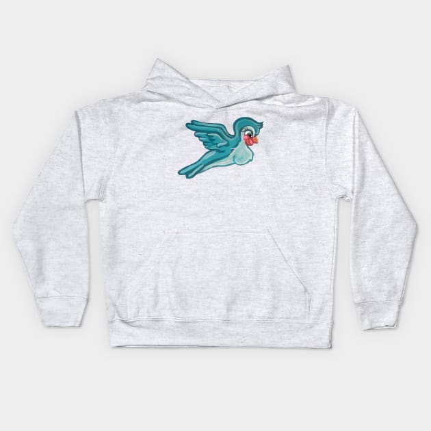 Cute Flying Turquoise Bird Kids Hoodie by Art by Deborah Camp